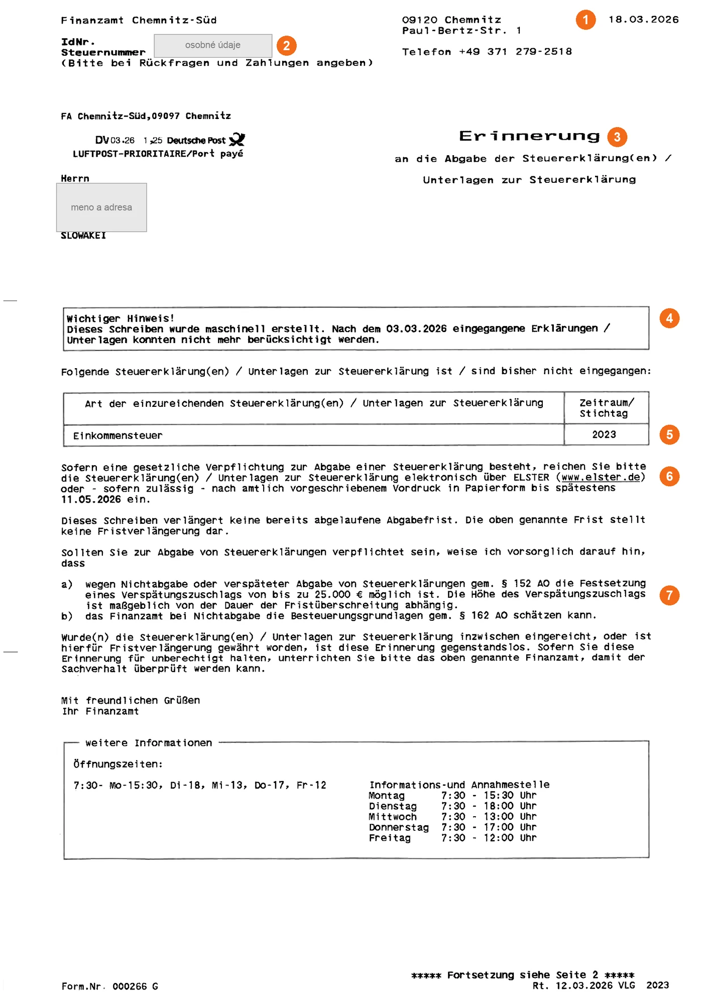 Upomienka (Erinnerung) z Finanzamtu Chemnitz-Süd na podanie priznania k dani z príjmov za rok 2023, so siedmimi očíslovanými miestami, ktoré sú vysvetlené pod obrázkom