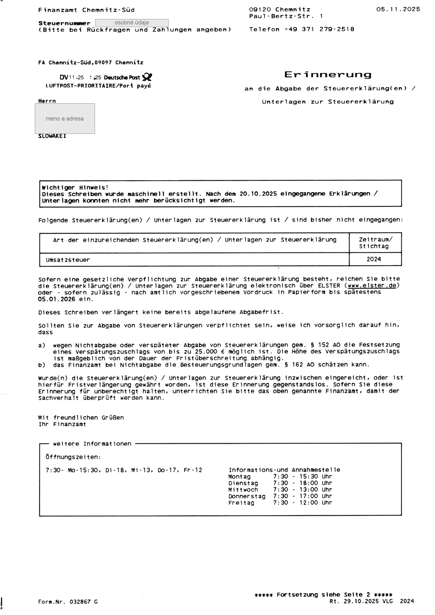 Upomienka z Finanzamtu Chemnitz-Süd na podanie priznania k DPH (Umsatzsteuer) za rok 2024